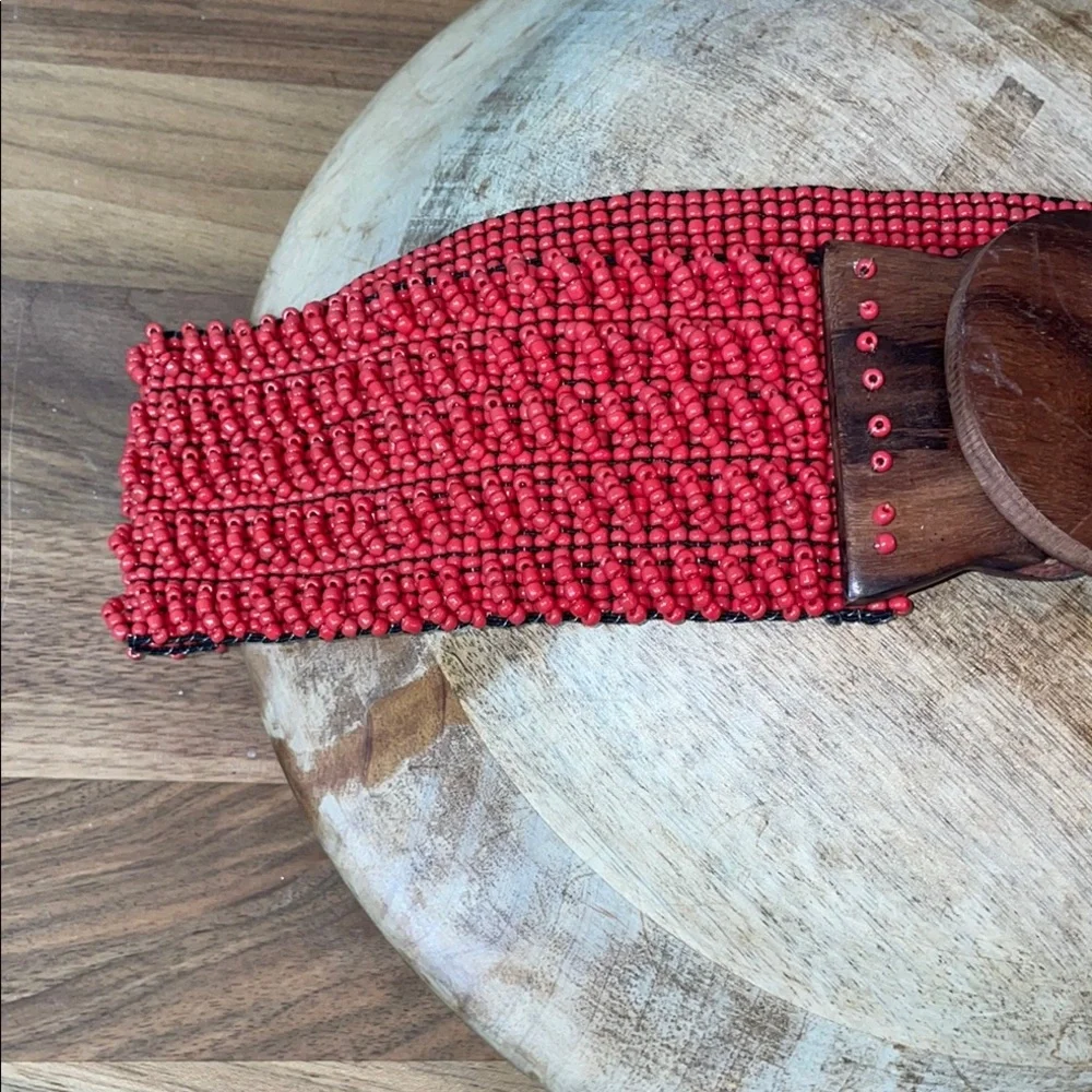 Boho Cowgirl Red Beaded Stretch Belt Wood Buckle Wide Artisan Small Southwest
